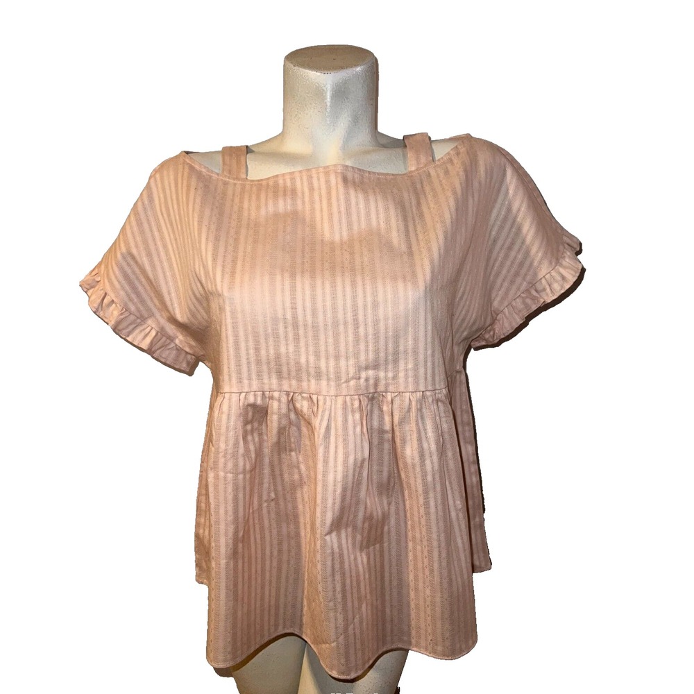 BCBGeneration Rose Smoke Striped Babydoll Top Cold Shoulder Ruffle Sleeve NWT M